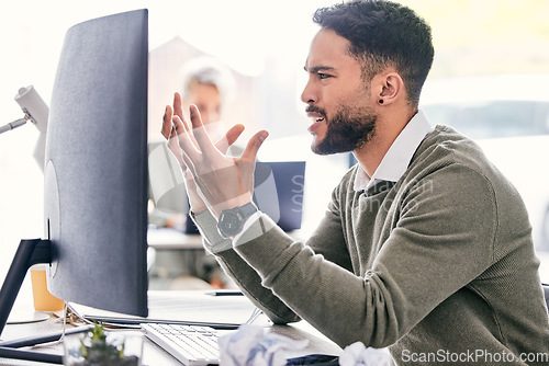 Image of Confused, frustrated and business man on computer with questions, 404 error and online problem, mistake or wrong email. What, reading and angry professional person on desktop pc in office with anger