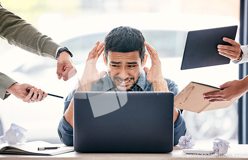 Image of Stress, burnout and chaos of man on computer with headache, anxiety or mental health, mistake and fail. Confused, brain fog and tired manager with time management, business questions and people hands