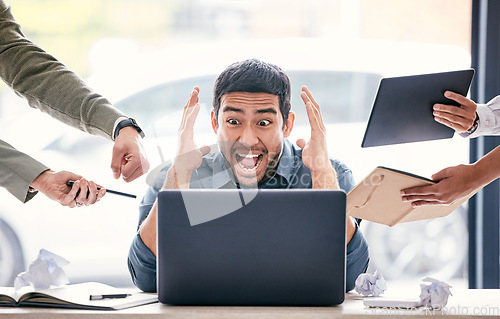 Image of Stress, angry and business man chaos on computer, mental health risk and frustrated for mistake, 404 error or job fail. Scream, laptop and burnout of manager for time management risk and people hands