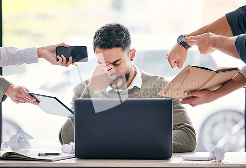 Image of Stress, headache and chaos of business man with anxiety, burnout or mental health crisis, documents and laptop. Project problem, phone call and paperwork of manager, time management and people hands