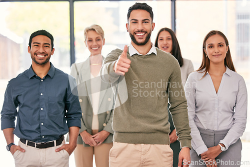 Image of Portrait, thumbs up and people with manager success, business teamwork and thank you sign or emoji. Group, leadership and winner, happy man or employees like, yes and okay or thanks and winning hand