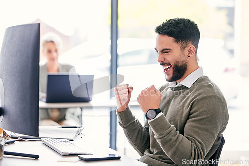 Image of Winning, computer and business man for success, online news and bonus with cheers, yes and excited. Happy professional person or winner on desktop pc with fist, celebration and achievement or results