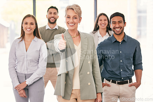 Image of Portrait, thumbs up and woman manager with people success, business teamwork and thank you sign or emoji. Group, leadership and happy person or employees like, yes and okay or thanks and winning hand