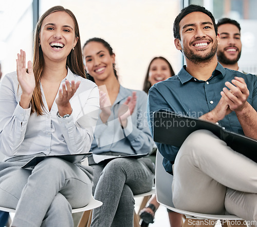 Image of Audience, applause and staff with celebration, corporate training and teamwork with development, smile and excited. Coworkers, business people and group clapping, support and workshop for motivation