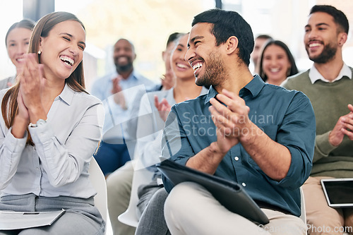 Image of Business people, applause and staff in a workshop, funny or teamwork with collaboration, support or success. Coworkers, audience or group clapping, humor or seminar for corporate training or laughing