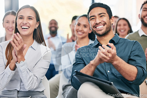 Image of Business people, applause and staff in a workshop, celebration and teamwork with collaboration, smile and success. Coworkers, audience or group clapping, happiness and winning with corporate training