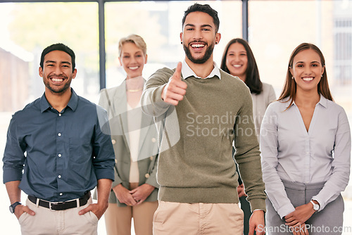 Image of Thumbs up, portrait and business people with manager success, teamwork and thank you sign or emoji. Group, leadership and happy man with employees for like, yes and okay or thanks and winning hand