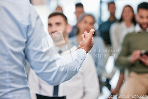 Image of Speaker, hands and presentation for employees with close up for a meeting at conference room. Seminar, training and hand for discussion with corporate team for learning about business or career.