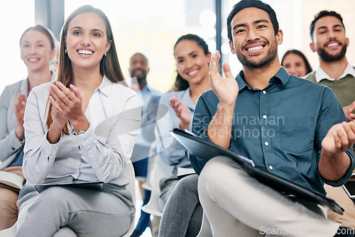 Image of Business people, applause and group in a workshop, celebration and collaboration with success. Coworkers, audience or staff clapping, happiness or company growth with development, teamwork or support