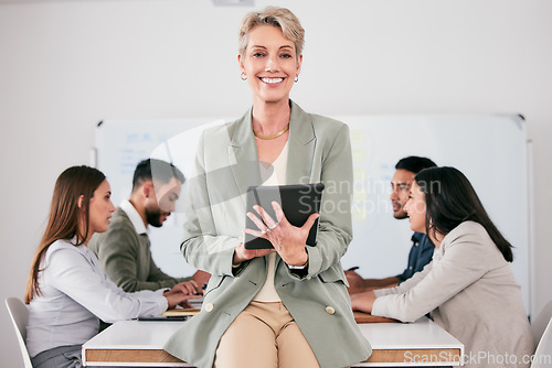 Image of Tablet, meeting and portrait of happy woman or manager for employees engagement, b2b planning and agenda or schedule. Leadership, business management and person with digital technology in office