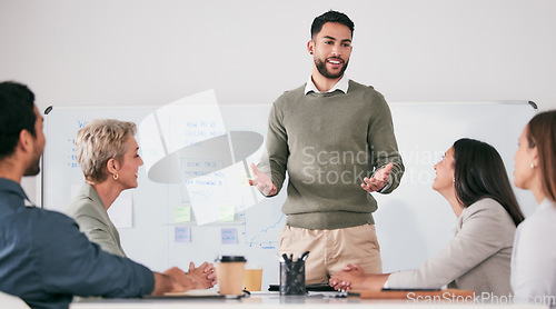 Image of Presentation, whiteboard and business people with manager for audience training, coaching and proposal for project ideas. Presenter, speaker or man speaking to clients of social media data and stats