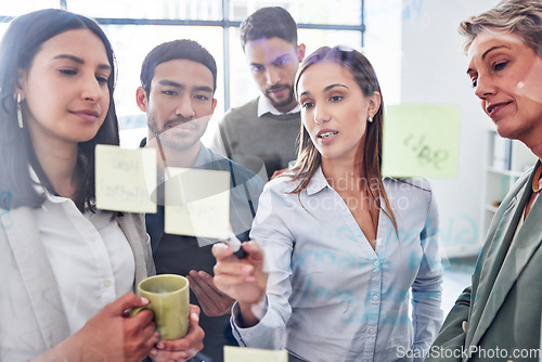 Image of Collaboration, writing and business people on glass board for planning, brainstorming and project schedule. Presentation, teamwork and women, men or group with sticky note ideas, solution and window