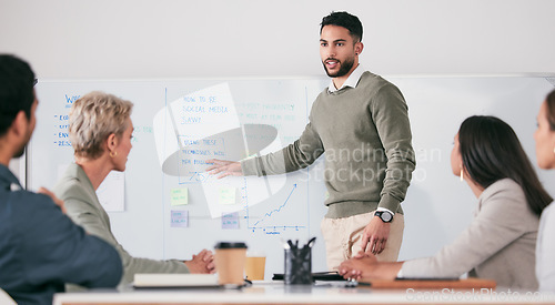 Image of Presentation, whiteboard and business people in meeting for social media marketing, coaching strategy and planning. Presenter, manager or man speaking to clients, stats and graph for agency training