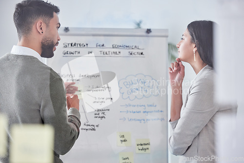 Image of Thinking, whiteboard and people planning for business growth, brainstorming or strategy in teamwork or collaboration. Talking, presentation and professional woman, man and office solution from behind