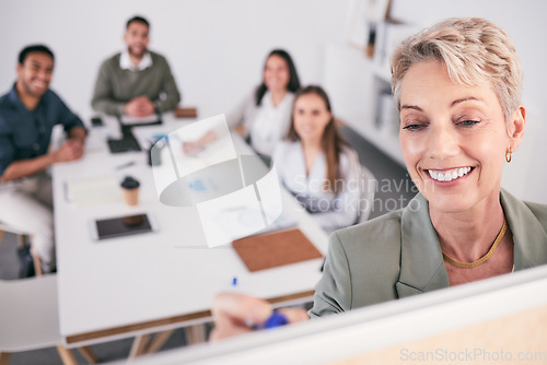 Image of Writing, whiteboard and woman, manager and business presentation for training, brainstorming or planning. Happy leader, presenter and people, team or group coaching, clients proposal or meeting ideas