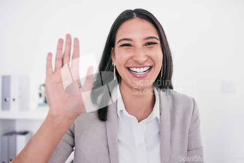 Image of Wave, webinar and portrait of business woman in office for video call, online meeting and conference. Internet, smile and virtual seminar with female employee for technology, welcome or communication