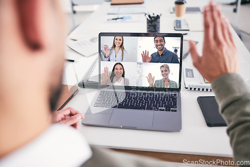 Image of Video call, laptop screen and people in business meeting, remote work and virtual communication for job planning. Professional person wave hello on computer webinar, online discussion and happy team