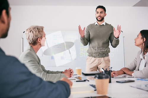 Image of Business meeting, manager presentation and people on whiteboard for audience training, coaching and project ideas. Presenter, speaker or man proposal, company pitch and clients attention in workshop