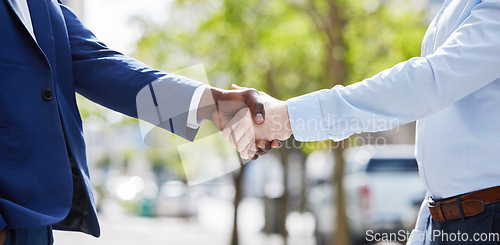 Image of Black man, hiring or businessman shaking hands in city for b2b negotiation or contract agreement. Handshake, thank you or zoom of manager meeting, networking or partnership deal opportunity outdoors