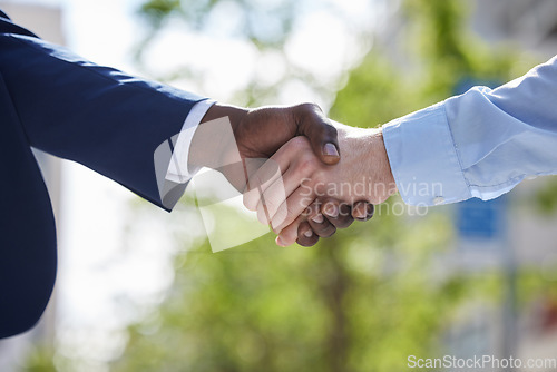 Image of Black man, hiring or businessman shaking hands outside for b2b negotiation or contract agreement. Handshake, thank you or zoom of manager meeting, networking or partnership deal opportunity in park