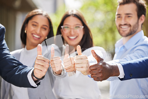 Image of Portrait, teamwork or thumbs up of business people outside in agreement for success growth in park. Diversity, motivation or happy employees in group collaboration with yes, like sign or thumb up