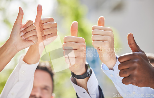 Image of Hands, teamwork or thumbs up of business people outside in agreement for success growth in park. Diversity, motivation or employees in group collaboration with yes, like sign or thumb up outdoors