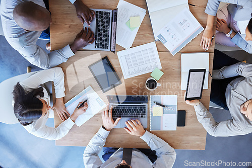Image of Documents, planning and teamwork with business people in meeting from above for data, chart and strategy. Project management, budget and report with employees in office for finance, graph or research