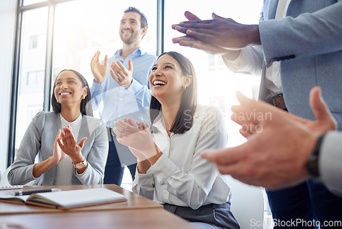 Image of Success, audience with an applause and in a business meeting at work with a lens flare together. Achievement or celebration, motivation and businesspeople clapping hands for good news or support