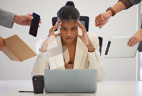 Image of Business, stress and black woman with a laptop, multitasking and anxiety with deadline, burnout and headache. Female person, employee and consultant with a pc, frustrated and professional with chaos