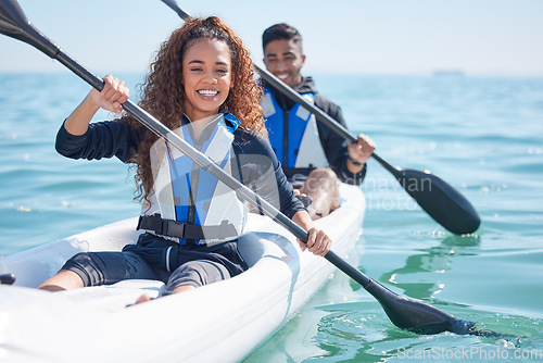 Image of Kayak, holiday and couple at a lake, summer break and happiness with training, fitness and exercise. Kayaking, man and woman with water sports, fun and travel with adventure, recreation and hobby