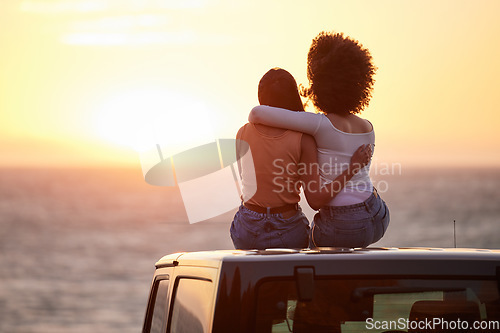 Image of Love, gay and sunset with lesbian couple on car beach for relax, romance and sky mockup space. Lgbtq, freedom and pride with women hugging on nature date for partner, trust and summer vacation