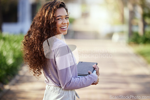 Image of Woman with smile, books and student in campus garden, university and education with learning material for studying. Female person in outdoor portrait, academic scholarship and mockup space with study