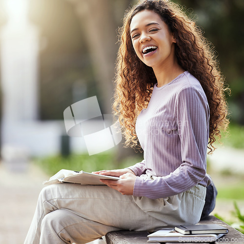 Image of Happy woman, books and education with student on campus, learning with scholarship at university and outdoor. Female person in portrait with smile, college course material and textbook for studying