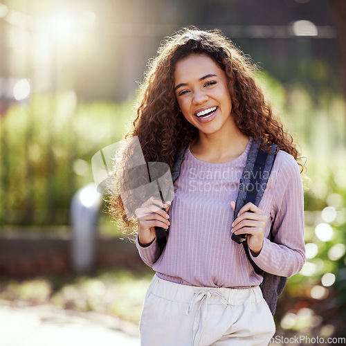 Image of Woman with smile, backpack and student in campus garden, university with education and happy studying. Excited female person in outdoor portrait, academic scholarship and mockup space and college