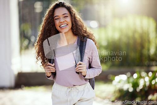 Image of Portrait, happy woman with backpack and student in campus garden, university and education with studying. Excited female person outdoor, academic scholarship and mockup space and college course