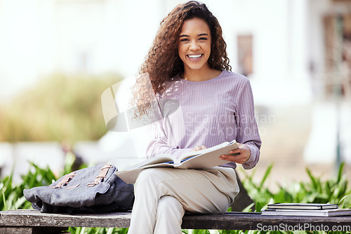 Image of Happy woman, books and university with student on campus, learning with scholarship at college and outdoor. Female person smile in portrait, course material and textbook for studying with education