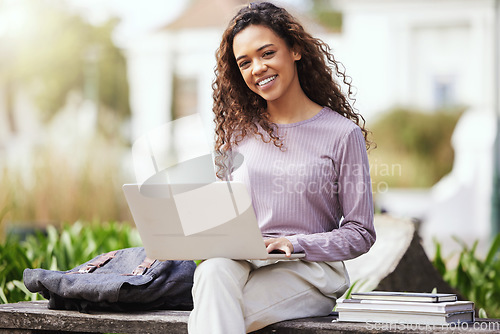 Image of Woman, books and laptop with university student on campus, learning with scholarship at college and outdoor. Female person smile in portrait, course material and pc for studying with education