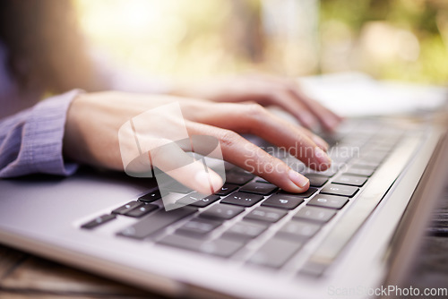 Image of Typing, woman hands and laptop in garden for university research, college application or remote work outdoor. Park, search and person or student on computer of e learning, online education and study