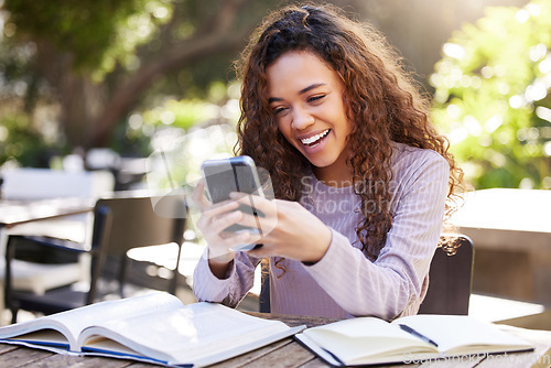 Image of Phone, typing and woman or student at park, cafe or university campus in online education, remote learning or news. E learning, books and happy african person of study, social network or exam results