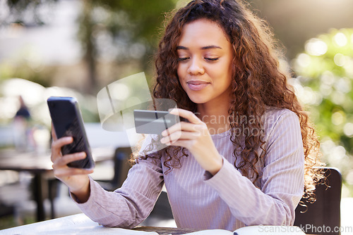 Image of Woman, smartphone and credit card at a restaurant in the outdoor with checking for finance. Female person, paying and mobile for an online payment at a cafe in nature on an app with technology.