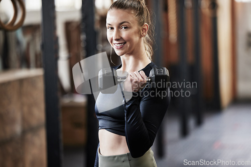 Image of Weights, fitness and portrait of woman in gym for weightlifting, bodybuilder training and strong muscles. Healthy body, sports and face of happy female person for wellness, exercise and workout