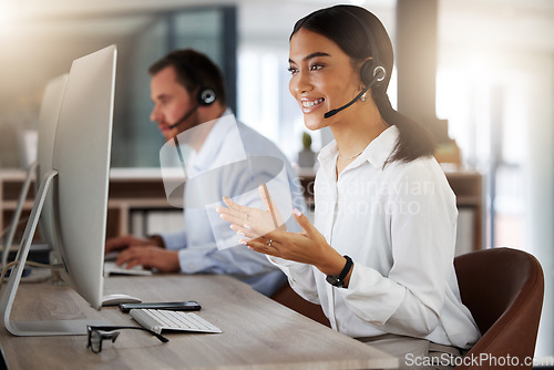 Image of Call center, consulting and computer with woman in office for communication, customer service or help desk. Telemarketing, sales and advice with female employee for commitment, contact us and hotline