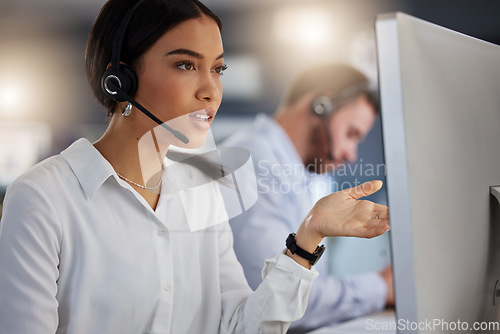 Image of Call center, advisory and computer with woman in office for communication, customer service or help desk. Telemarketing, sales and advice with female employee for commitment, contact us and hotline