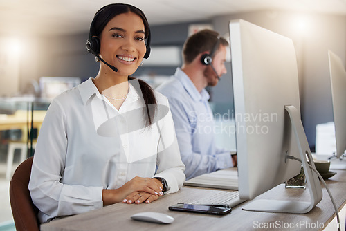 Image of Call center, consulting and portrait with woman in office for communication, customer service or help desk. Telemarketing, sales and advice with female employee for commitment, contact us and hotline