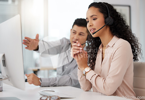 Image of Business people, call center and coaching team in customer service, support or telemarketing at the office. Businessman training staff or woman in contact us, marketing or telesales at the workplace