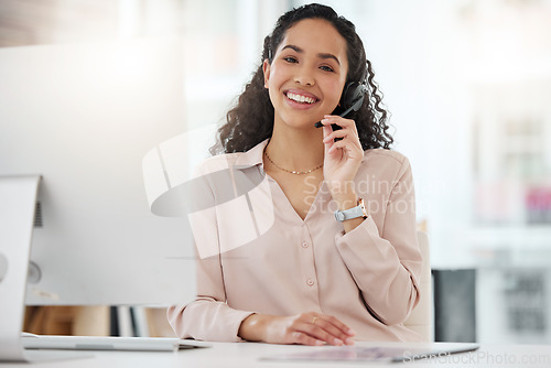 Image of Portrait, woman and call center agent working on computer in an office, startup or telemarketing company. Happy, person and job in customer service, support or consulting work, crm or communication