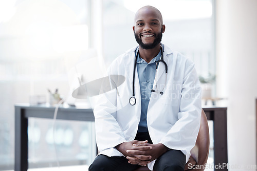 Image of Portrait, doctor and black man with a smile, innovation and stethoscope with success, happiness and career. Face, male person and employee with medical equipment, healthcare research and professional