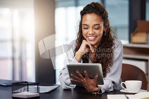 Image of Tablet, search and smile with business woman in office for social media, networking or website. Happy, internet and technology with female employee in digital agency for online, email and planning