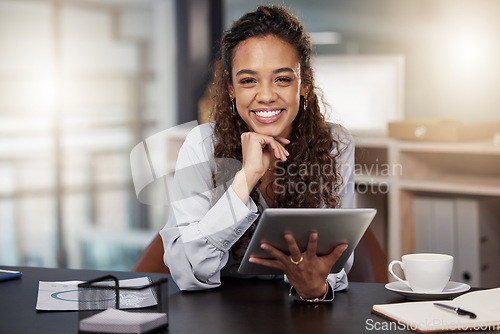 Image of Tablet, search and portrait of business woman in office for social media, networking or website. Communication, internet and technology with female employee for entrepreneur, email and planning