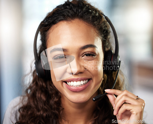 Image of Call center, headset or portrait of happy woman in communication at telecom customer services. Microphone, smile or friendly sales agent consulting, speaking or talking in tech support help desk
